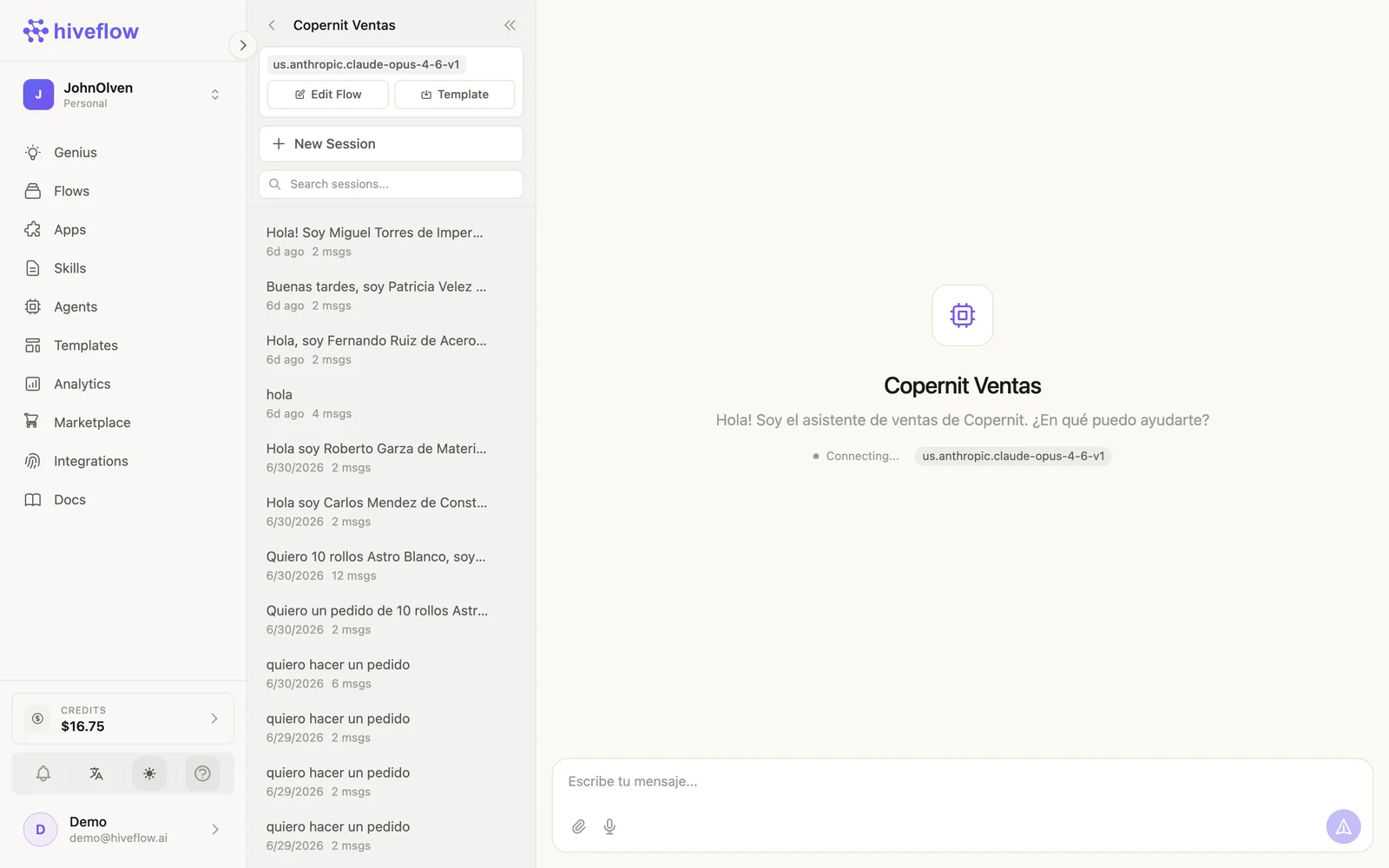 An agent chat in HiveFlow