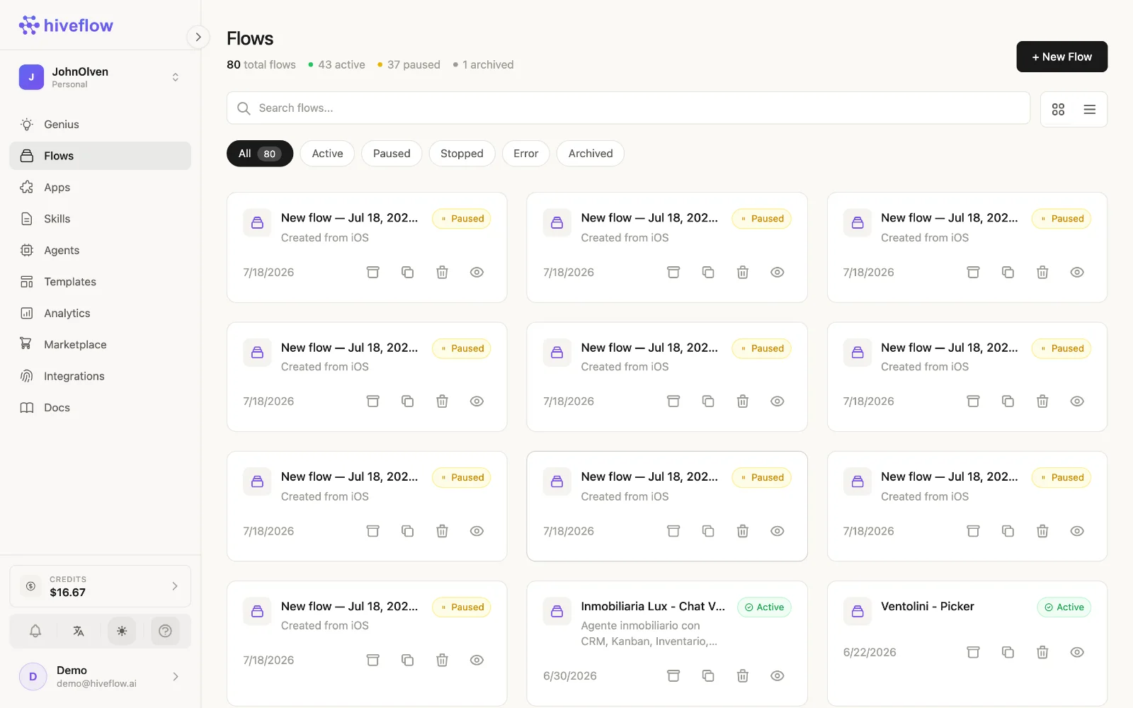 The Flows section of the dashboard