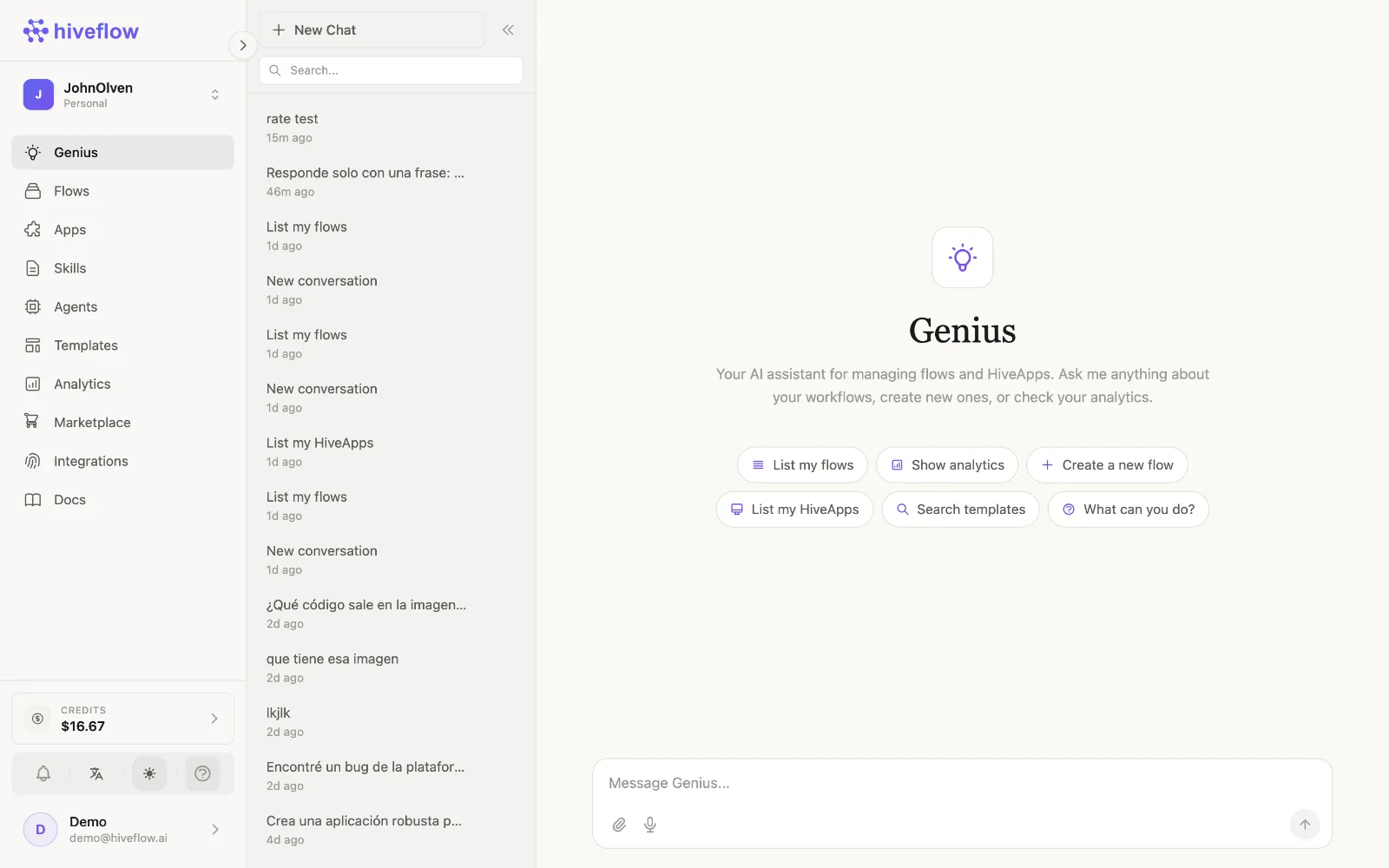 Dashboard de HiveFlow con Genius, el asistente de IA